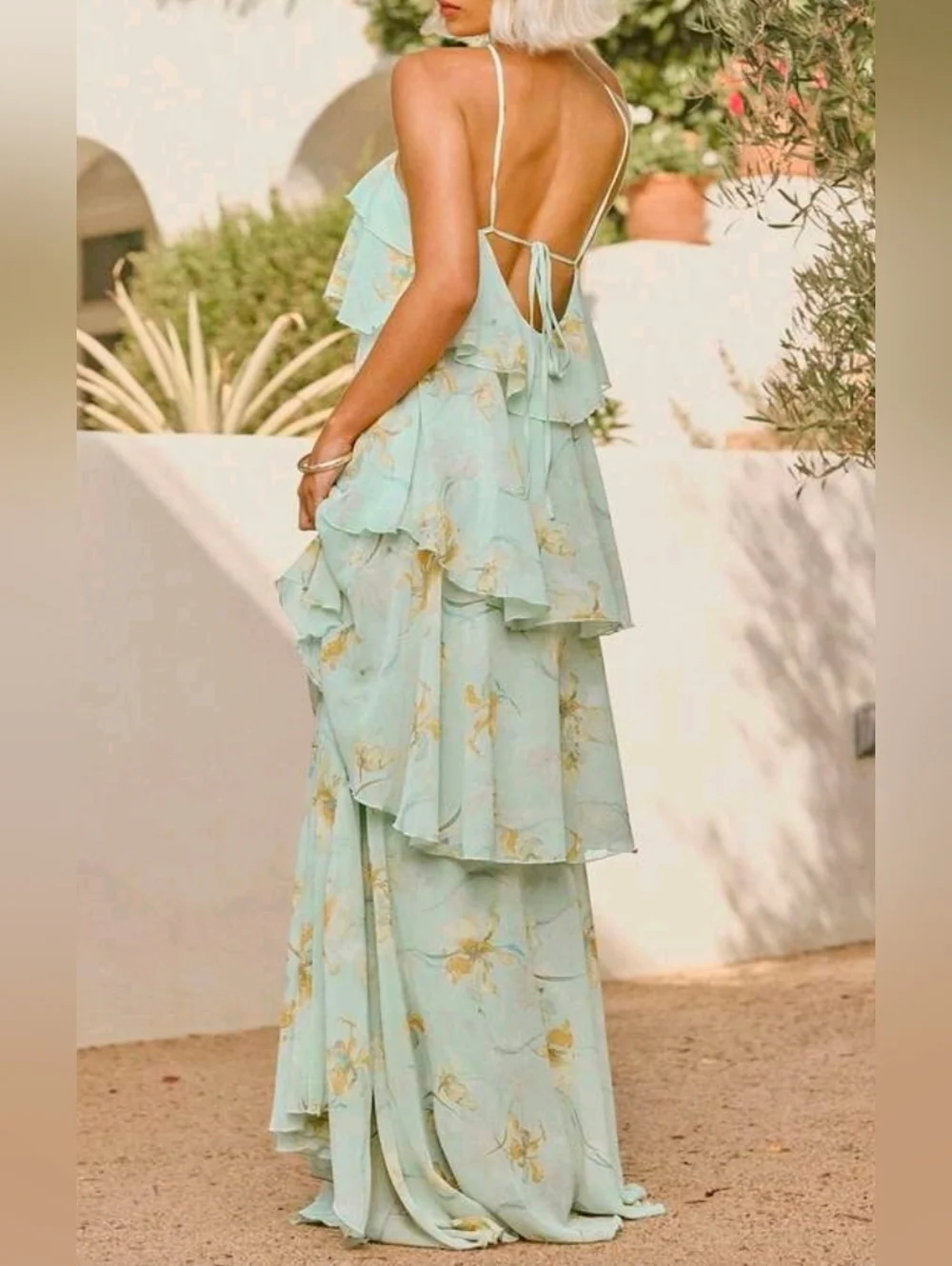 New Tiered Chiffon Ruffle Halter Maxi Dress Backless Floral Green - Picture 7 of 10
